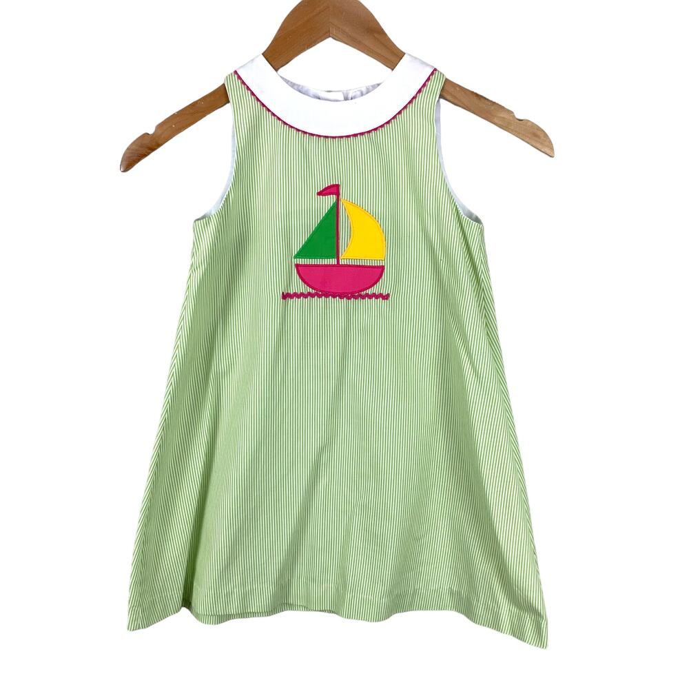 Green White Stripe Dress Boat Applique Beth Terell for Johnston Girls 6
